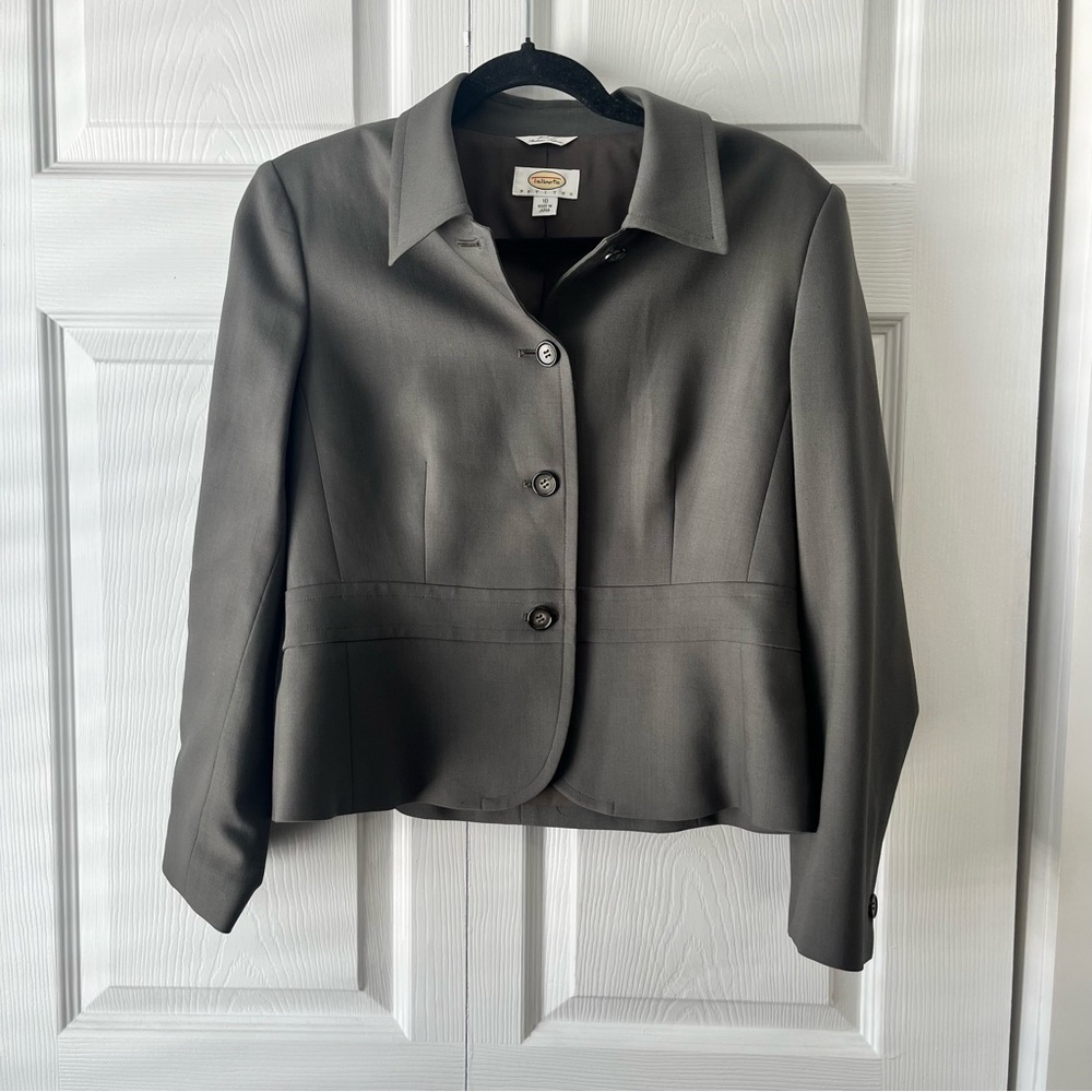 Talbots Womens Jacket Coat Green Waist Length Buttons Tulip Hem Lined Petites 10